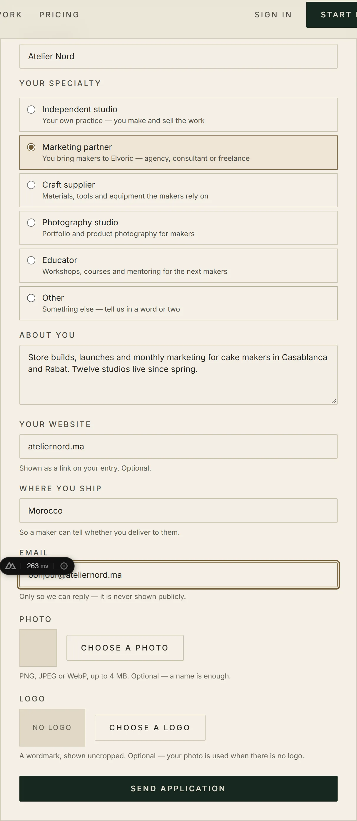 The application, filled in. Under 400 characters is all the introduction anyone needs.