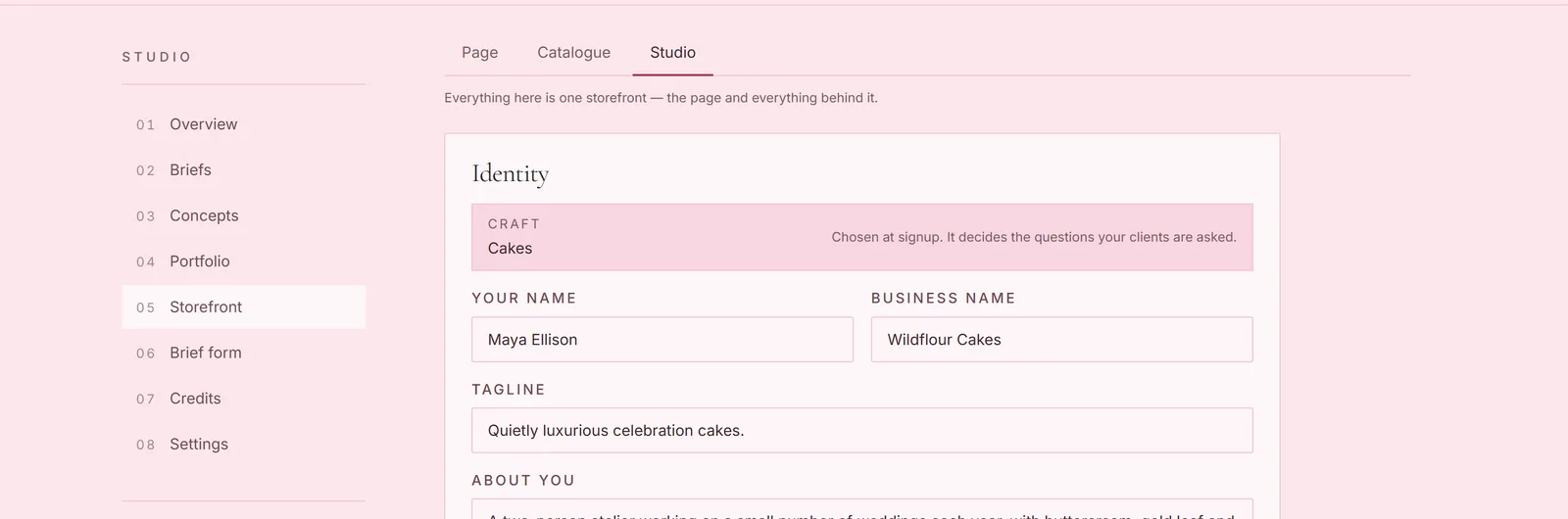The storefront editor: the Page tab arranges what a client scrolls, the Studio tab holds the name and the look, and the preview sits beside both.