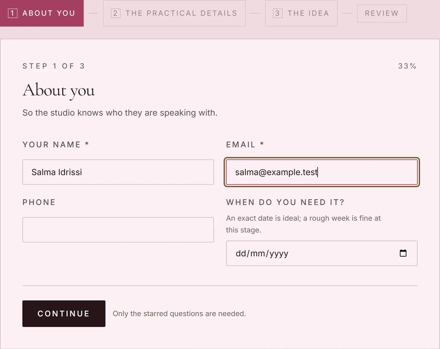 The brief form, as the client fills it in.
