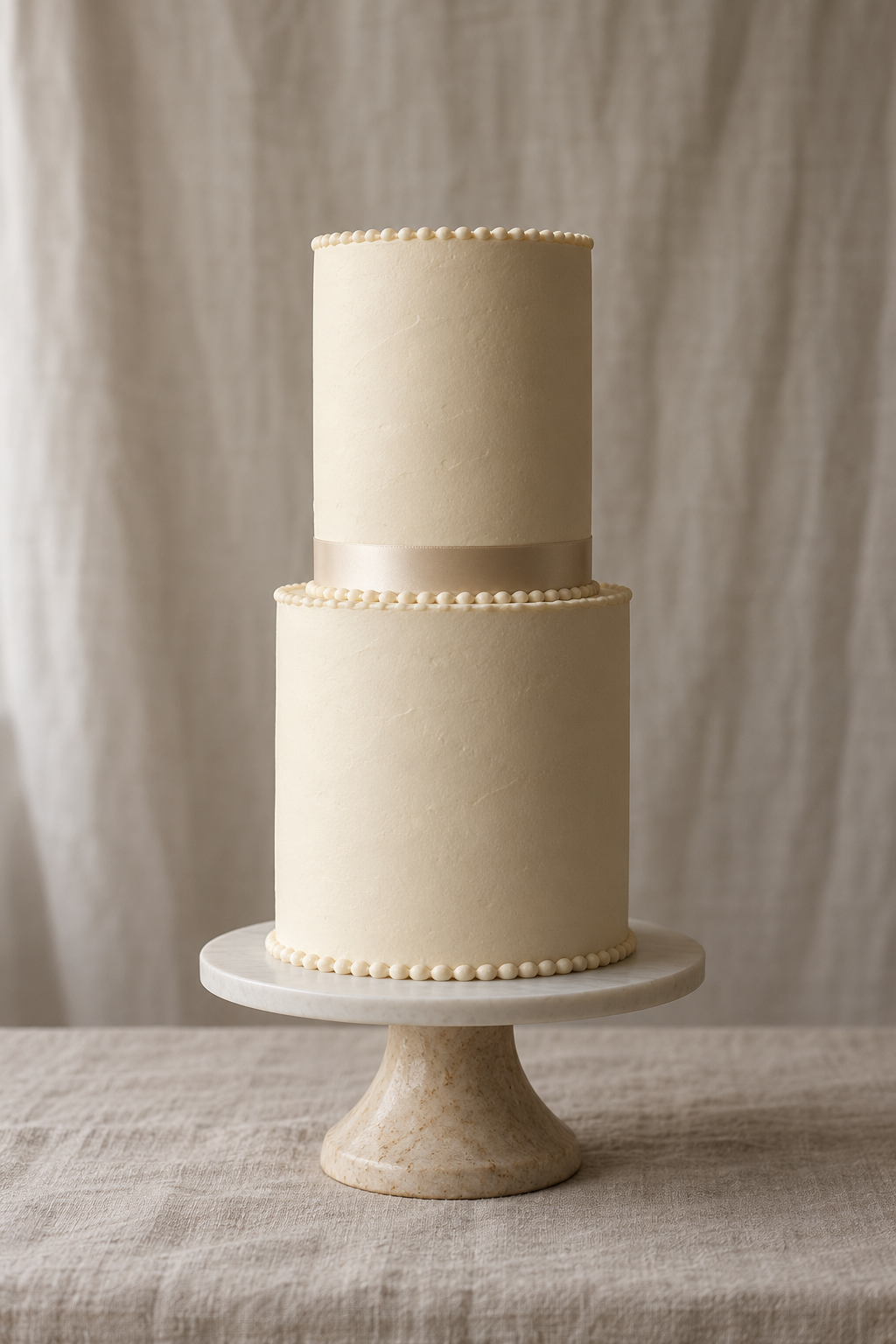 Two narrow tiers in champagne buttercream, one satin band, no florals.
