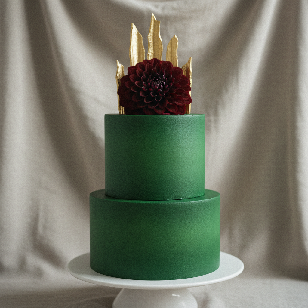 Forest-green velvet finish, gold shards, a single deep dahlia.