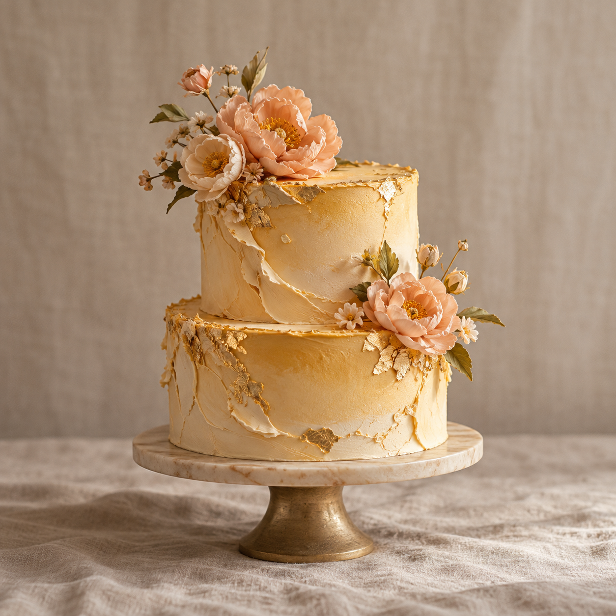 Champagne base, saffron and peach glaze, soft piped edges and silk draping.
