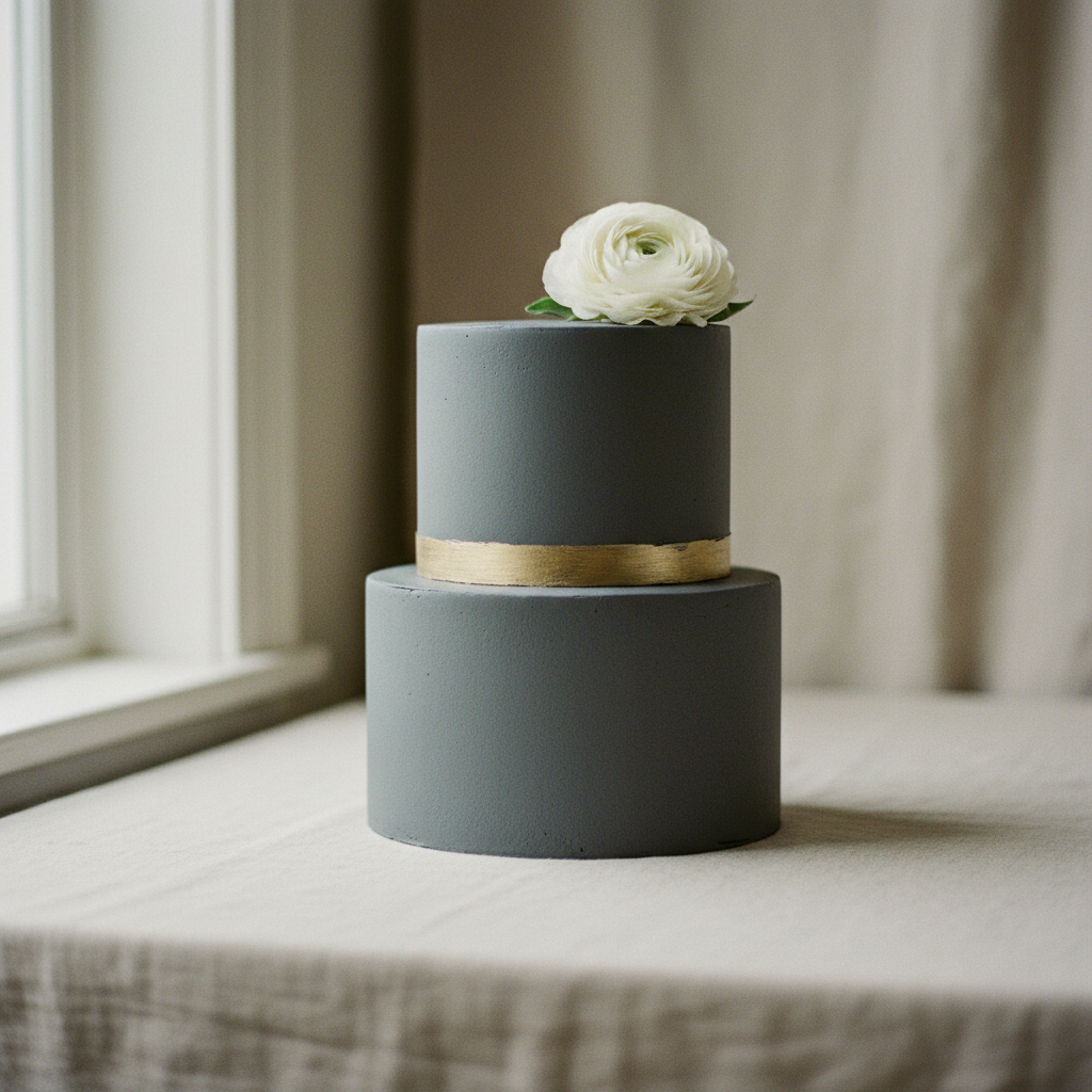 Charcoal slate finish, one thin gold band, a single white ranunculus.