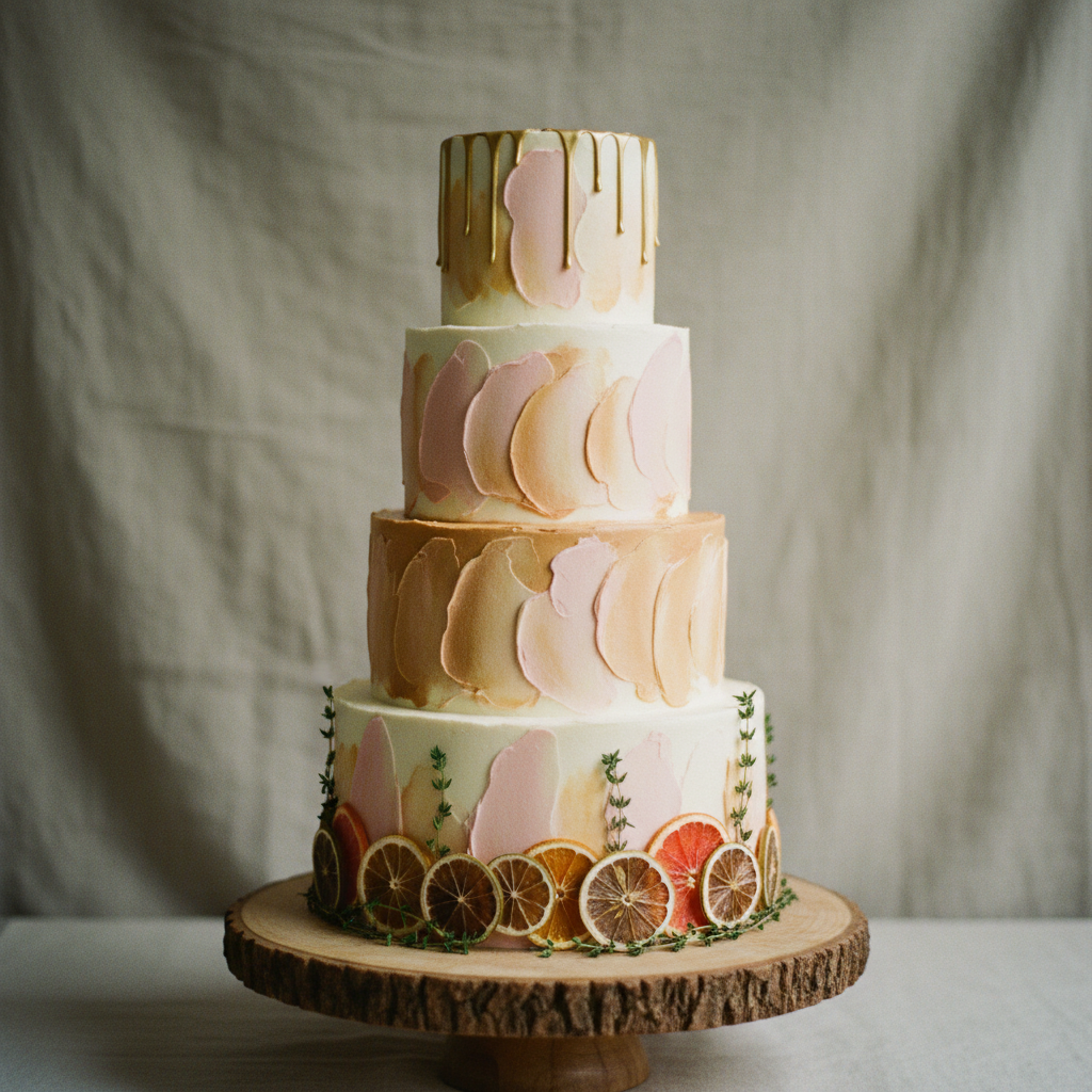 Four tiers, watercolour buttercream, gold drip, dried citrus.
