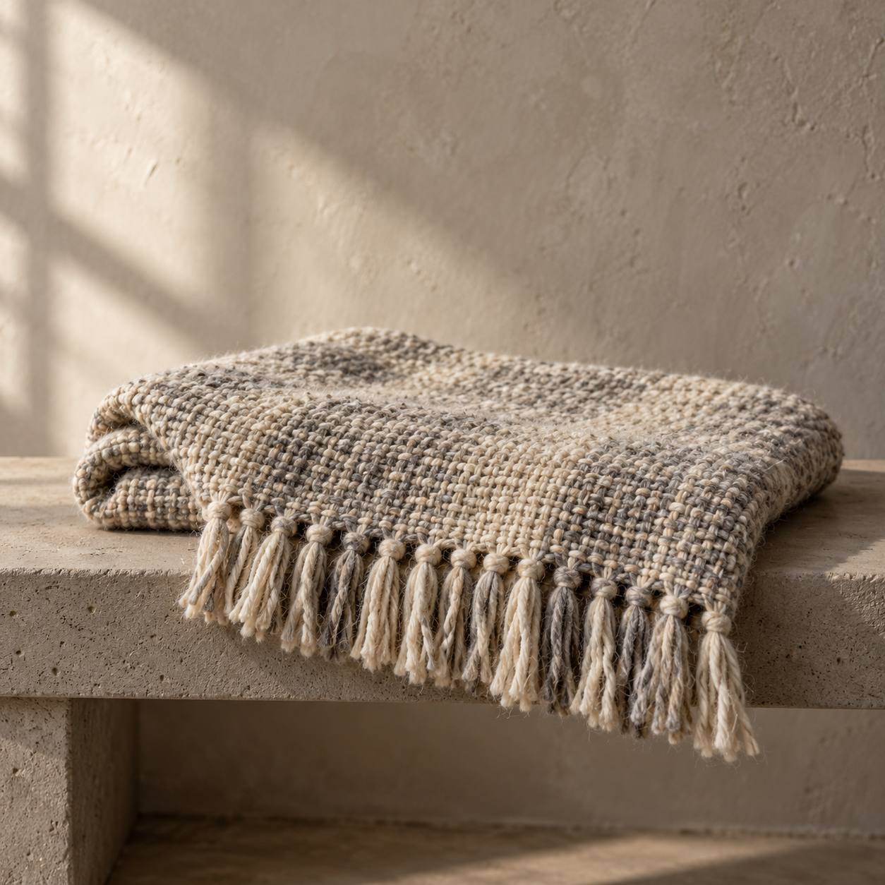 Hand-woven throw in undyed wool, open weave with a hand-knotted fringe.