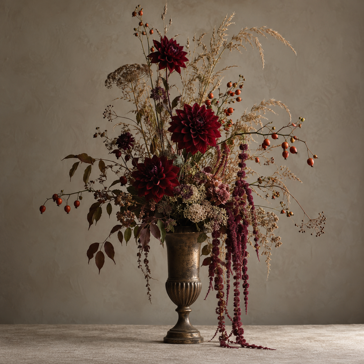 Tall bronze urn with dahlias, amaranthus and rosehips, one strong silhouette.