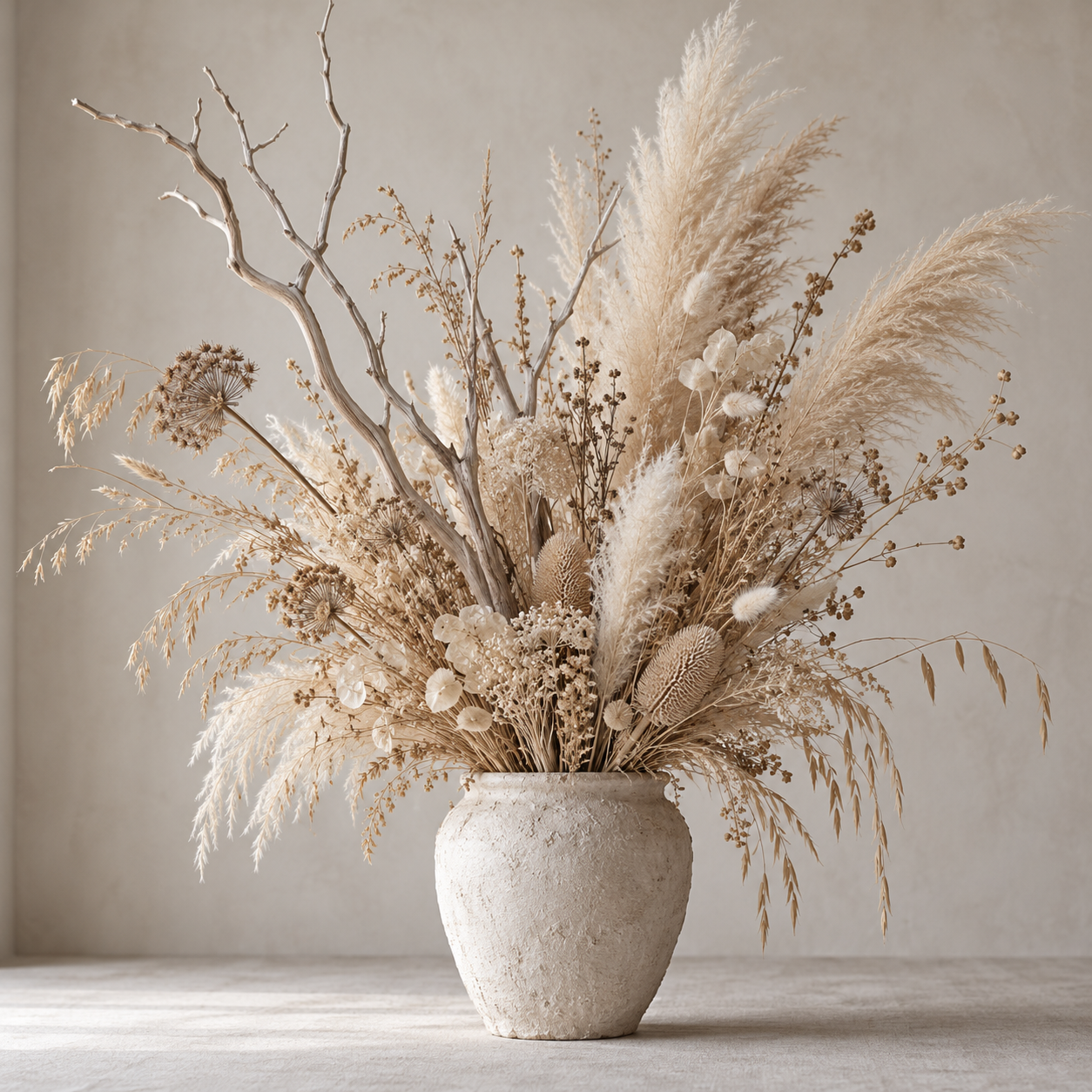 Dried grasses, seed heads and bleached branches in a plaster vessel.
