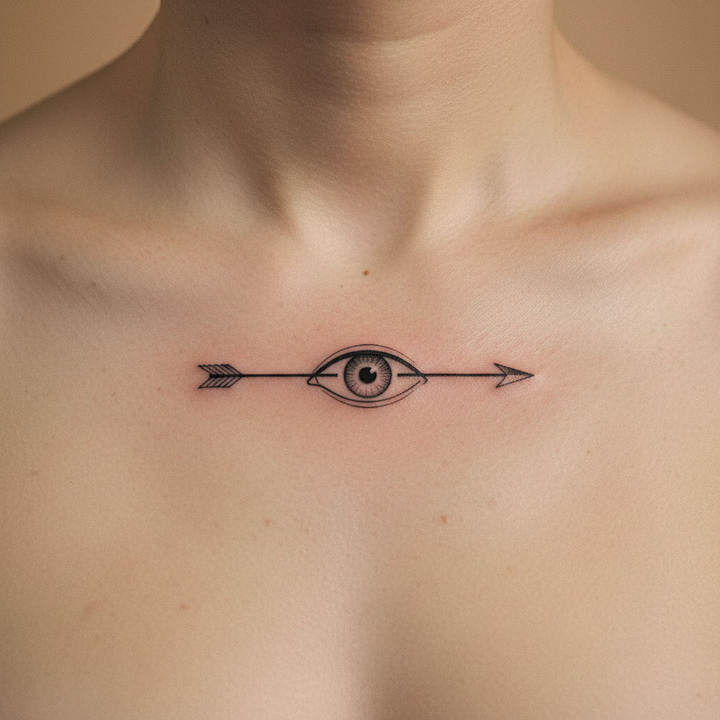 Single-needle eye with a straight arrow through it, no shading.