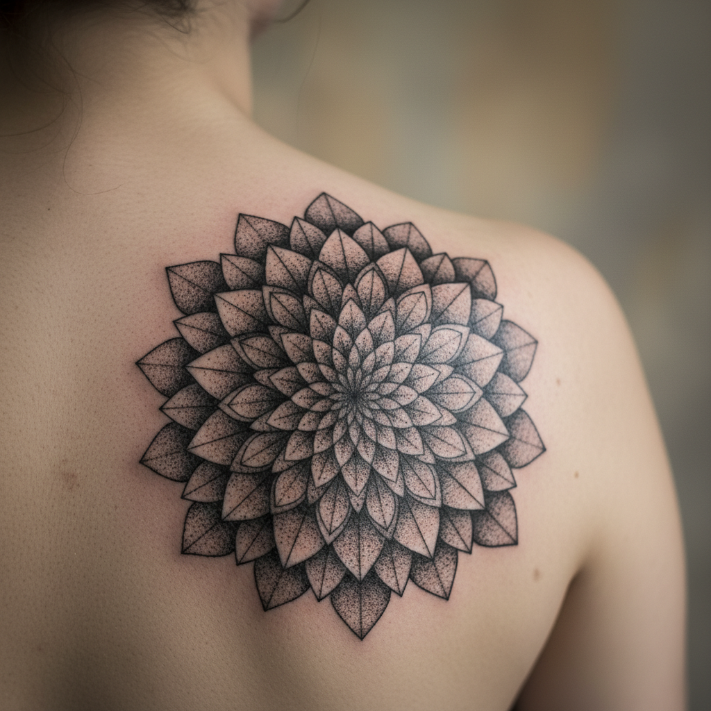 Dotwork mandala dahlia with fine geometric petals, black and grey.