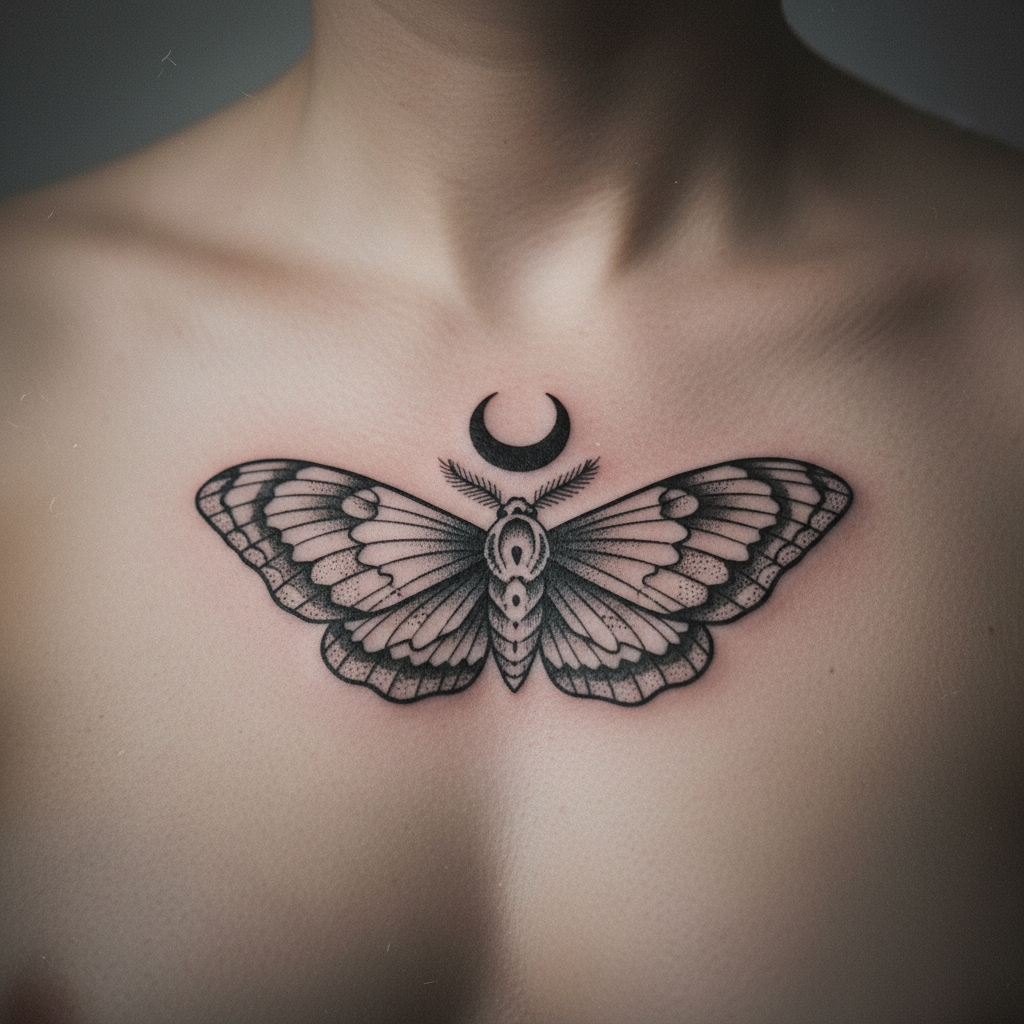 Solid black moth with a crescent moon between the wings, fine dotwork edges.