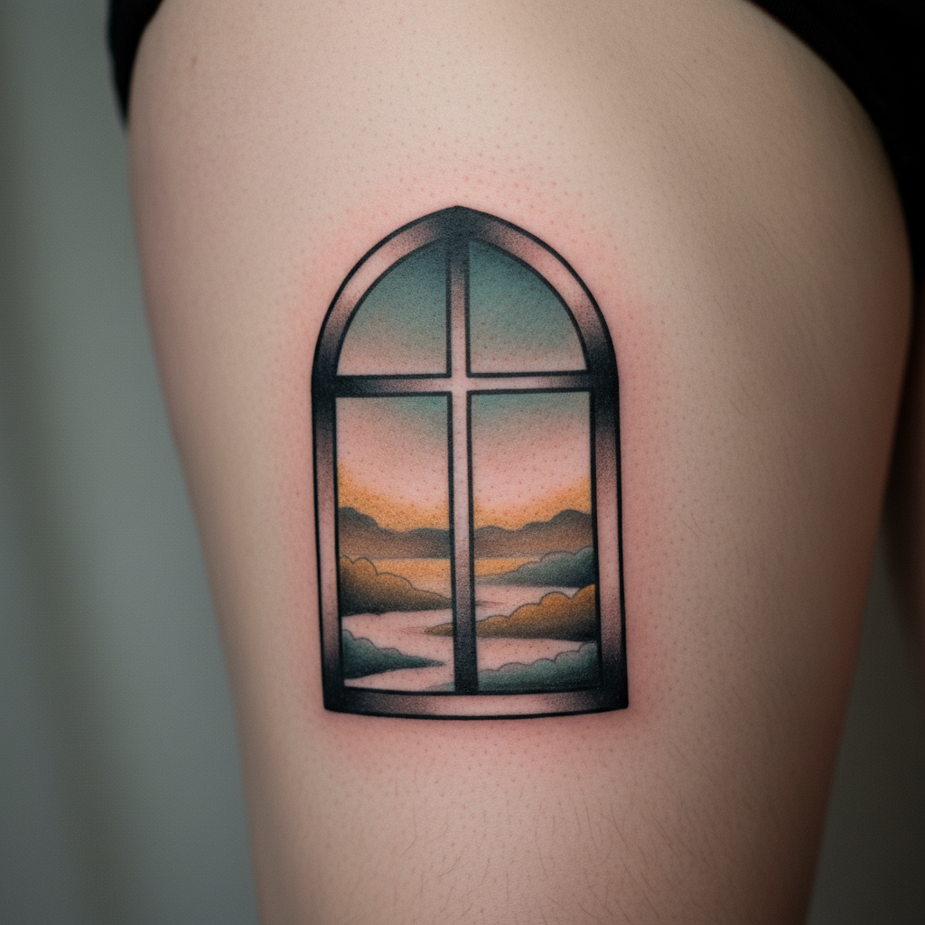 Neo-traditional arched window with ochre, umber and muted teal, bold outline.