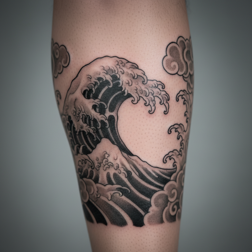 Black-and-grey wave band with fine linework and soft grey wash.