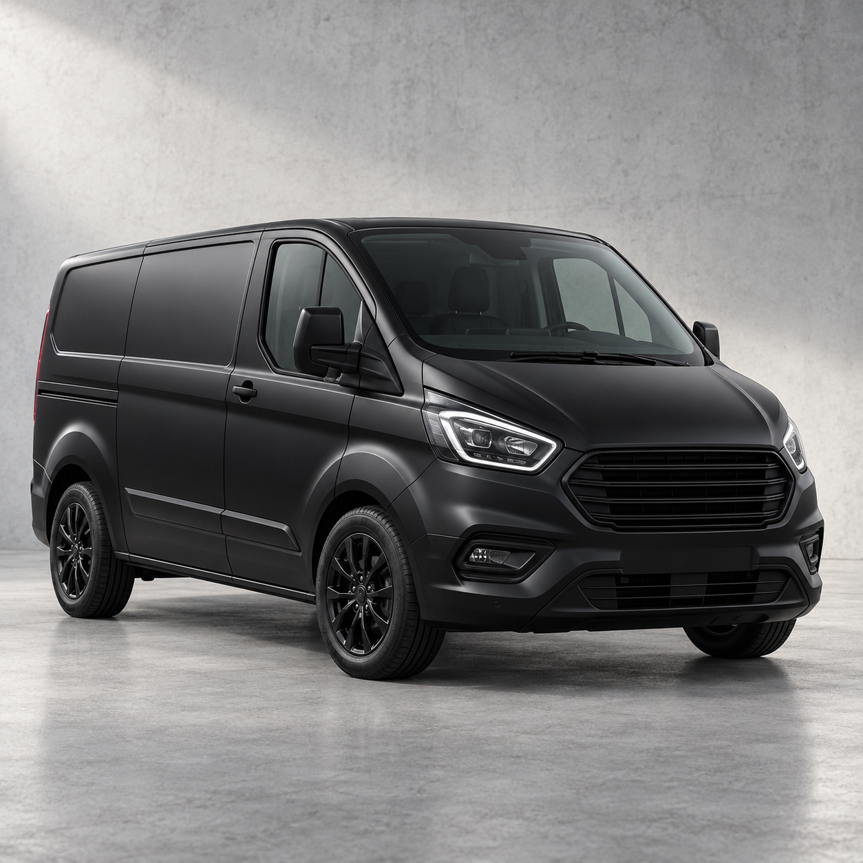 Satin black film over the whole van, grille and mirrors wrapped, panels left blank.